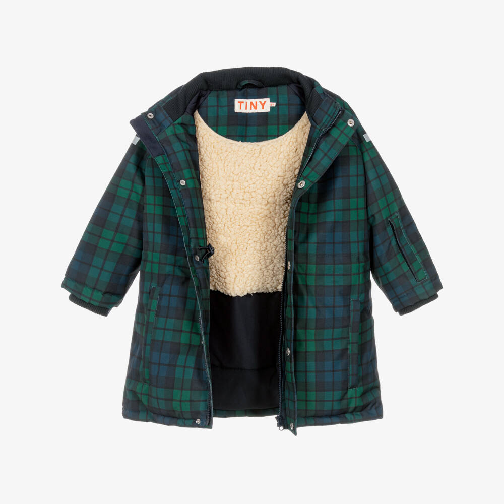 Tinycottons-Girls Green & Blue Tartan Check Hooded Coat | Childrensalon