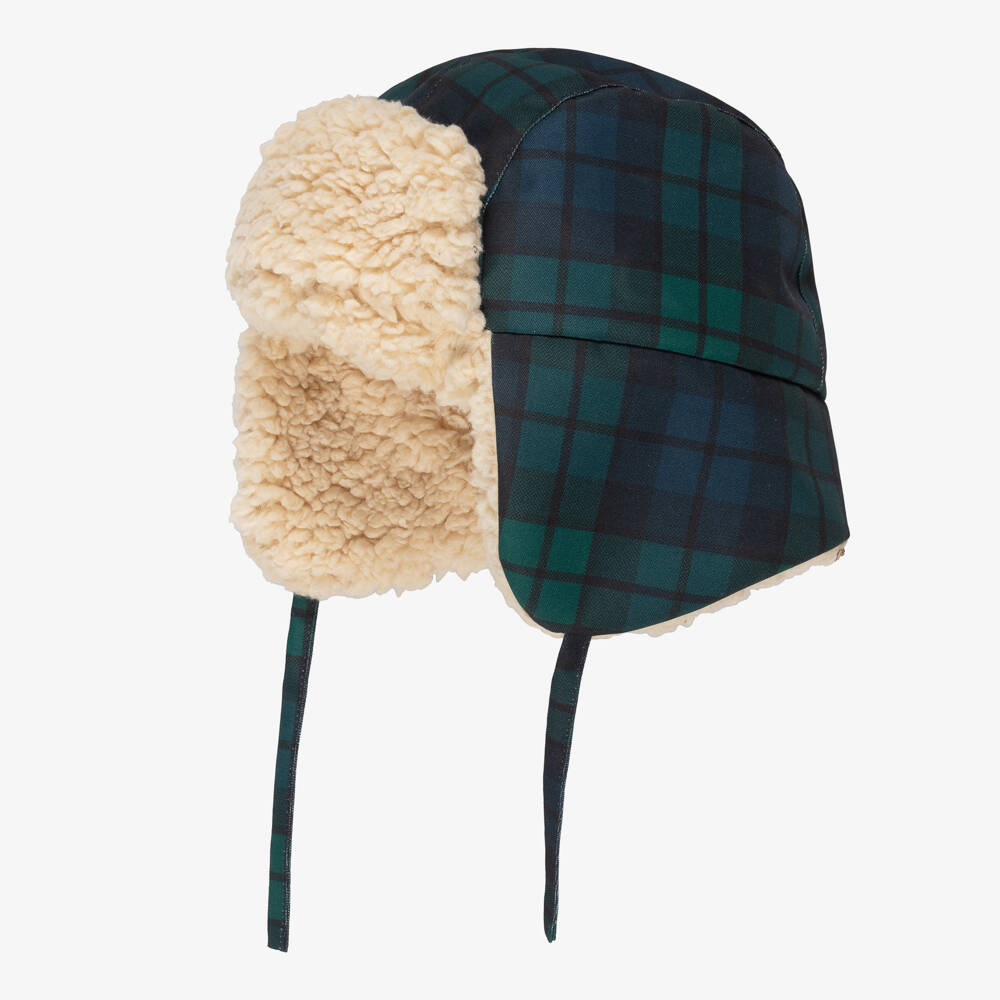 Tinycottons-Girls Green & Blue Tartan Check Trapper Hat | Childrensalon