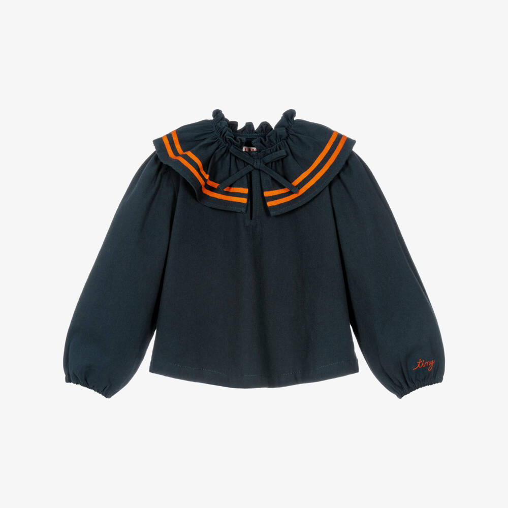 Tinycottons-Girls Ink Blue Twill Blouse with Ruffled Collar | Childrensalon