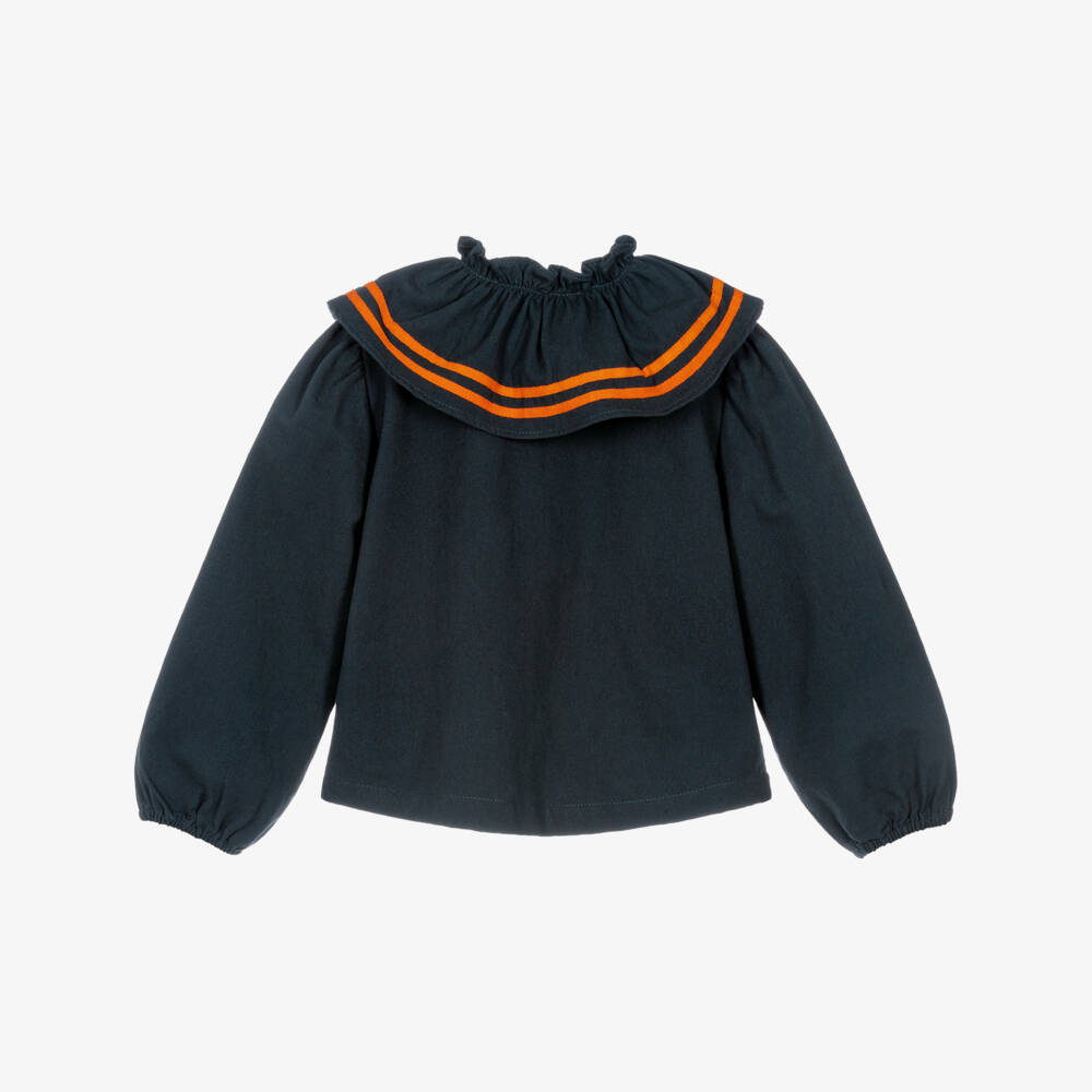 Tinycottons-Girls Ink Blue Twill Blouse with Ruffled Collar | Childrensalon