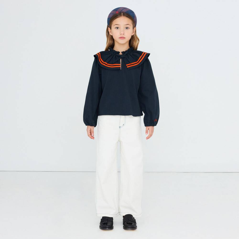 Tinycottons-Girls Ink Blue Twill Blouse with Ruffled Collar | Childrensalon