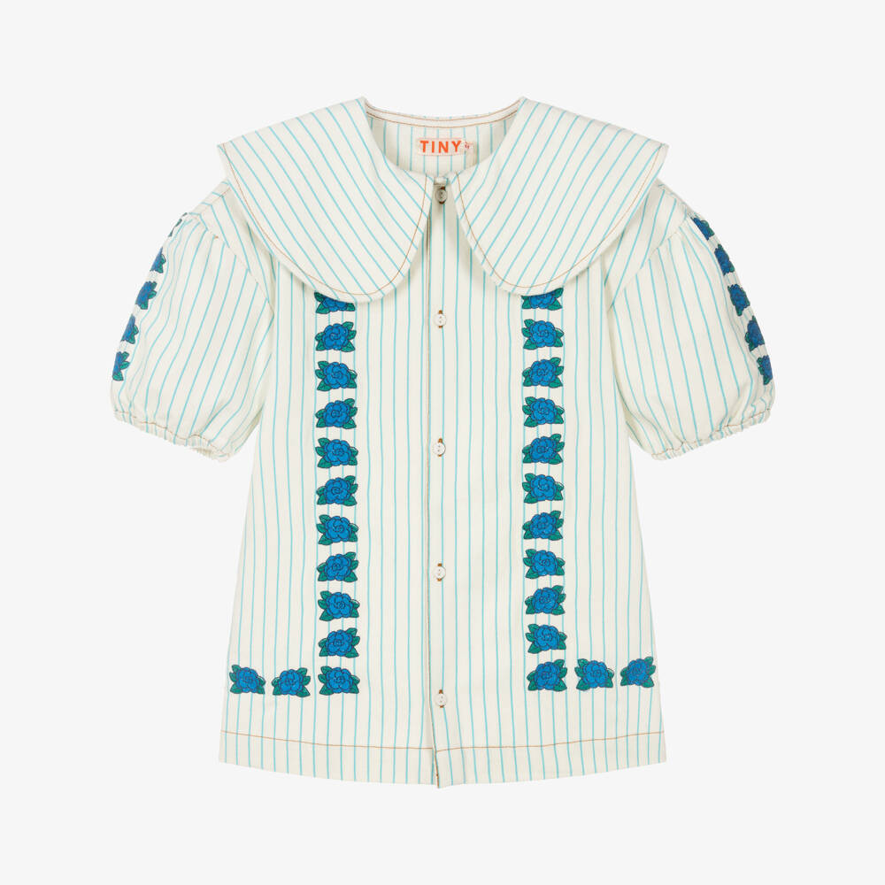 Tinycottons-Girls Ivory & Blue Stripe Embroidered Floral Cotton Dress | Childrensalon