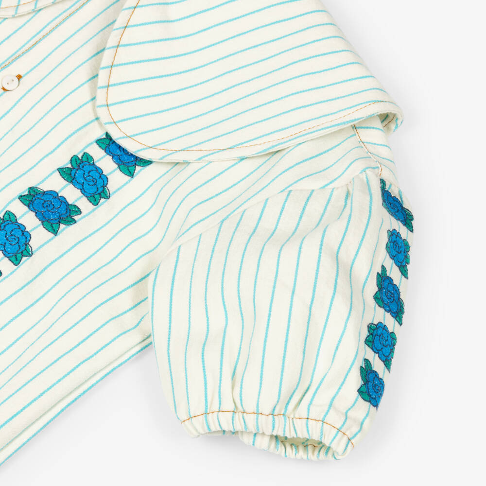 Tinycottons-Girls Ivory & Blue Stripe Embroidered Floral Cotton Dress | Childrensalon