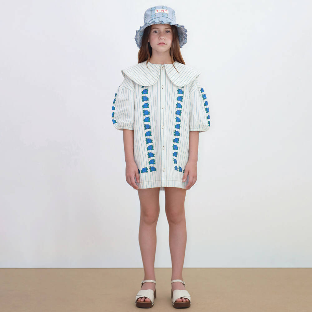 Tinycottons-Girls Ivory & Blue Stripe Embroidered Floral Cotton Dress | Childrensalon