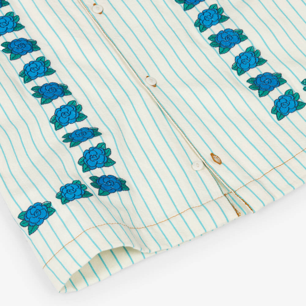 Tinycottons-Girls Ivory & Blue Stripe Embroidered Floral Cotton Dress | Childrensalon