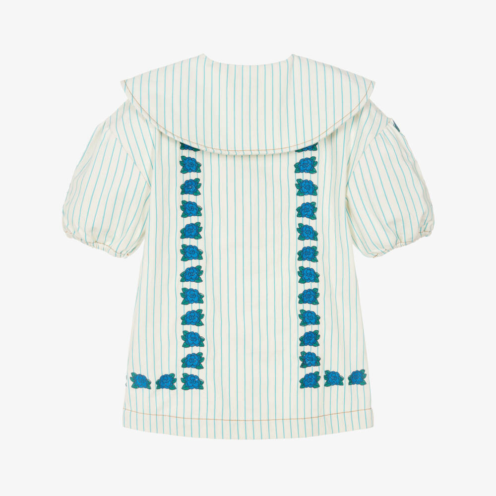 Tinycottons-Girls Ivory & Blue Stripe Embroidered Floral Cotton Dress | Childrensalon