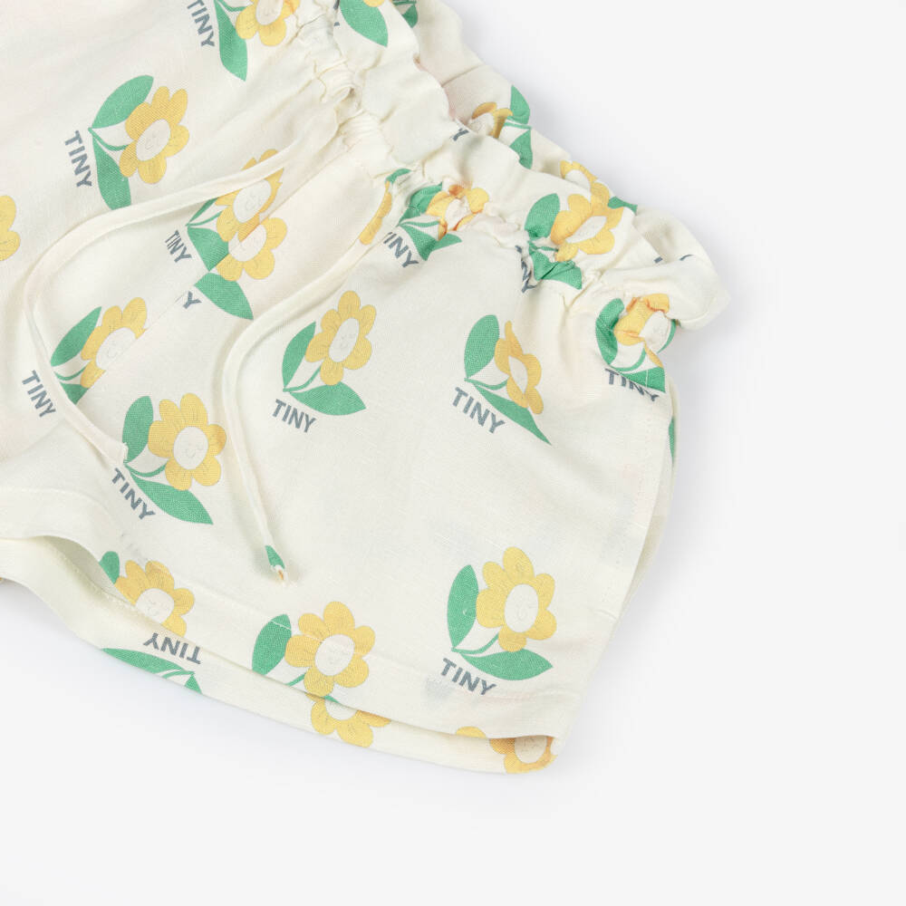 Tinycottons-Girls Ivory Cotton & Linen Flower Print Shorts | Childrensalon