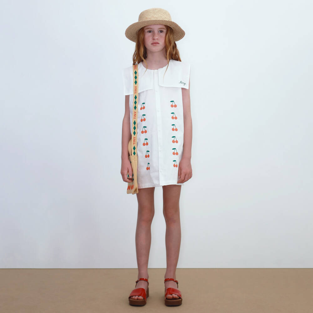 Tinycottons-Girls Off-White Cotton Dress with Embroidered Cherries | Childrensalon