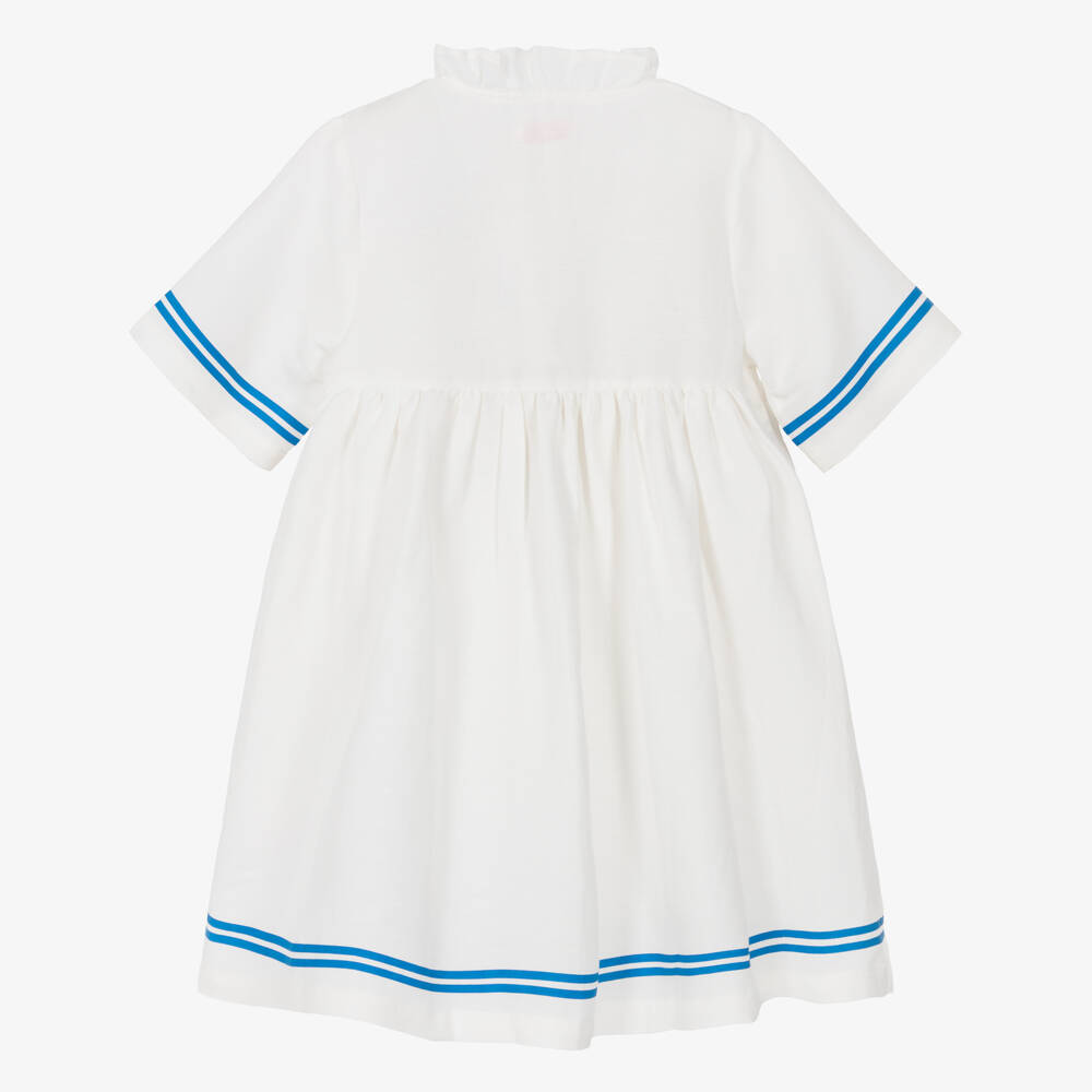 Tinycottons-Girls Off-White Cotton & Linen Dress with Blue Stripe Trim | Childrensalon