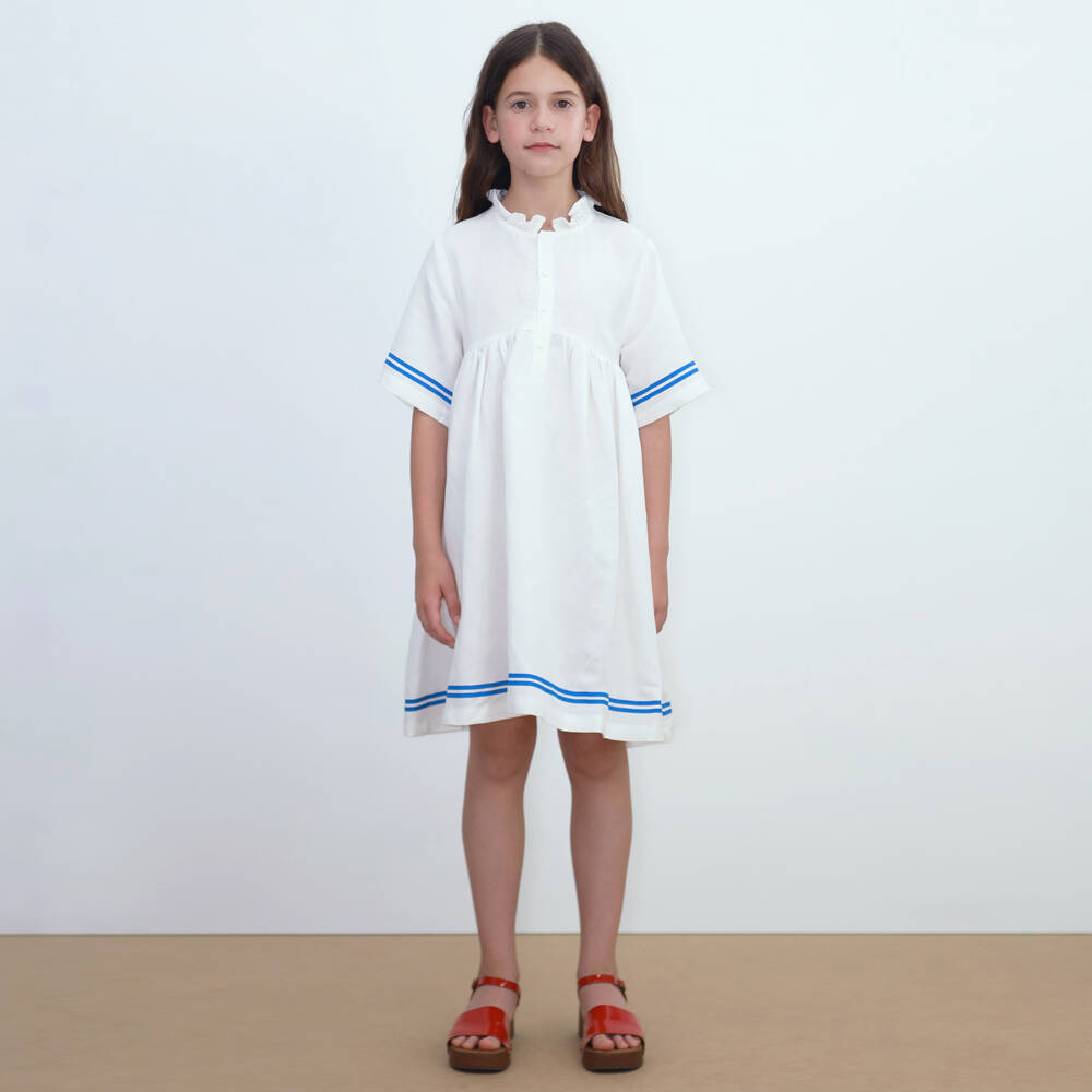 Tinycottons-Girls Off-White Cotton & Linen Dress with Blue Stripe Trim | Childrensalon