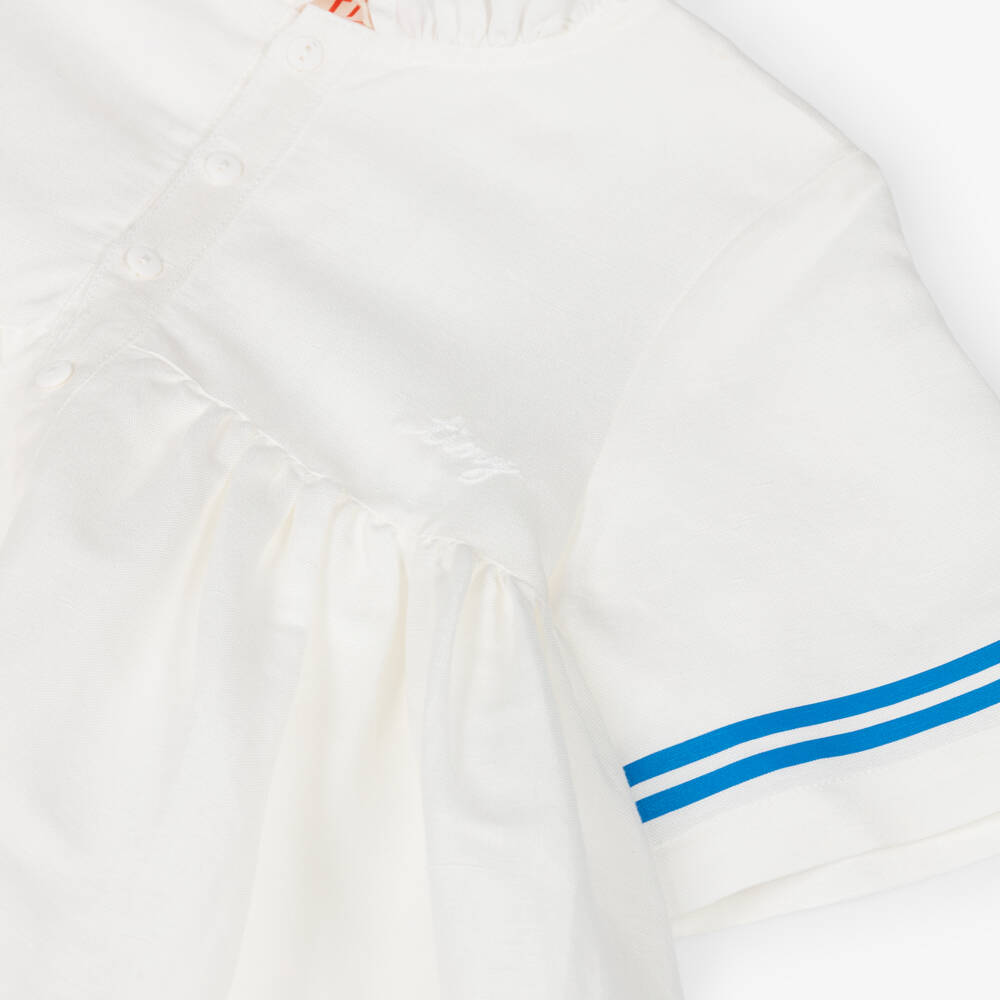 Tinycottons-Girls Off-White Cotton & Linen Dress with Blue Stripe Trim | Childrensalon