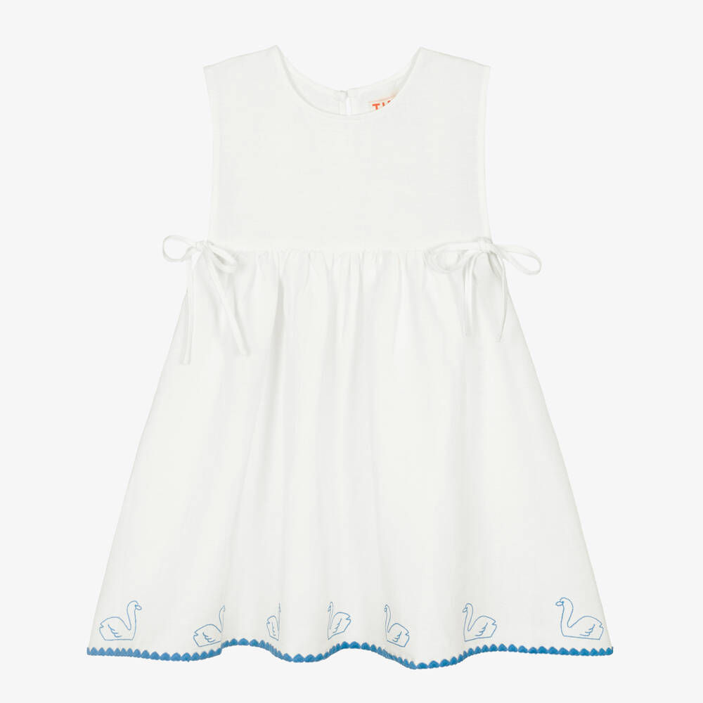 Tinycottons-Girls Off-White Cotton & Linen Dress with Embroidered Swan Hem | Childrensalon