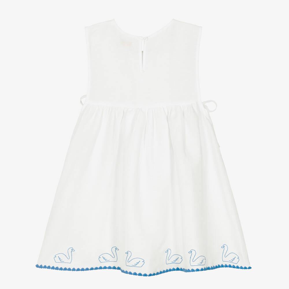 Tinycottons-Girls Off-White Cotton & Linen Dress with Embroidered Swan Hem | Childrensalon
