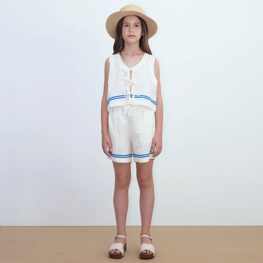 Tinycottons-Girls Off-White Cotton & Linen Tie Front Top | Childrensalon
