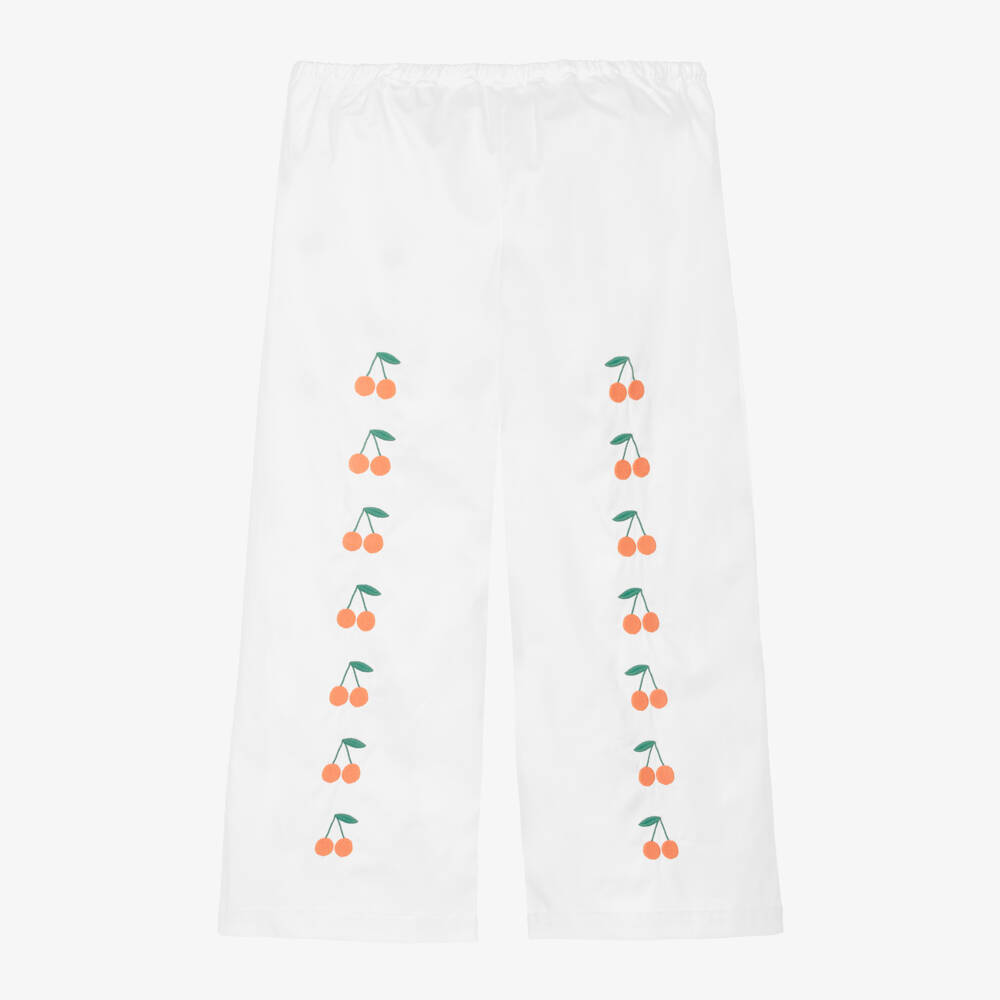 Tinycottons-Girls Off-White Cotton Trousers with Embroidered Cherries | Childrensalon