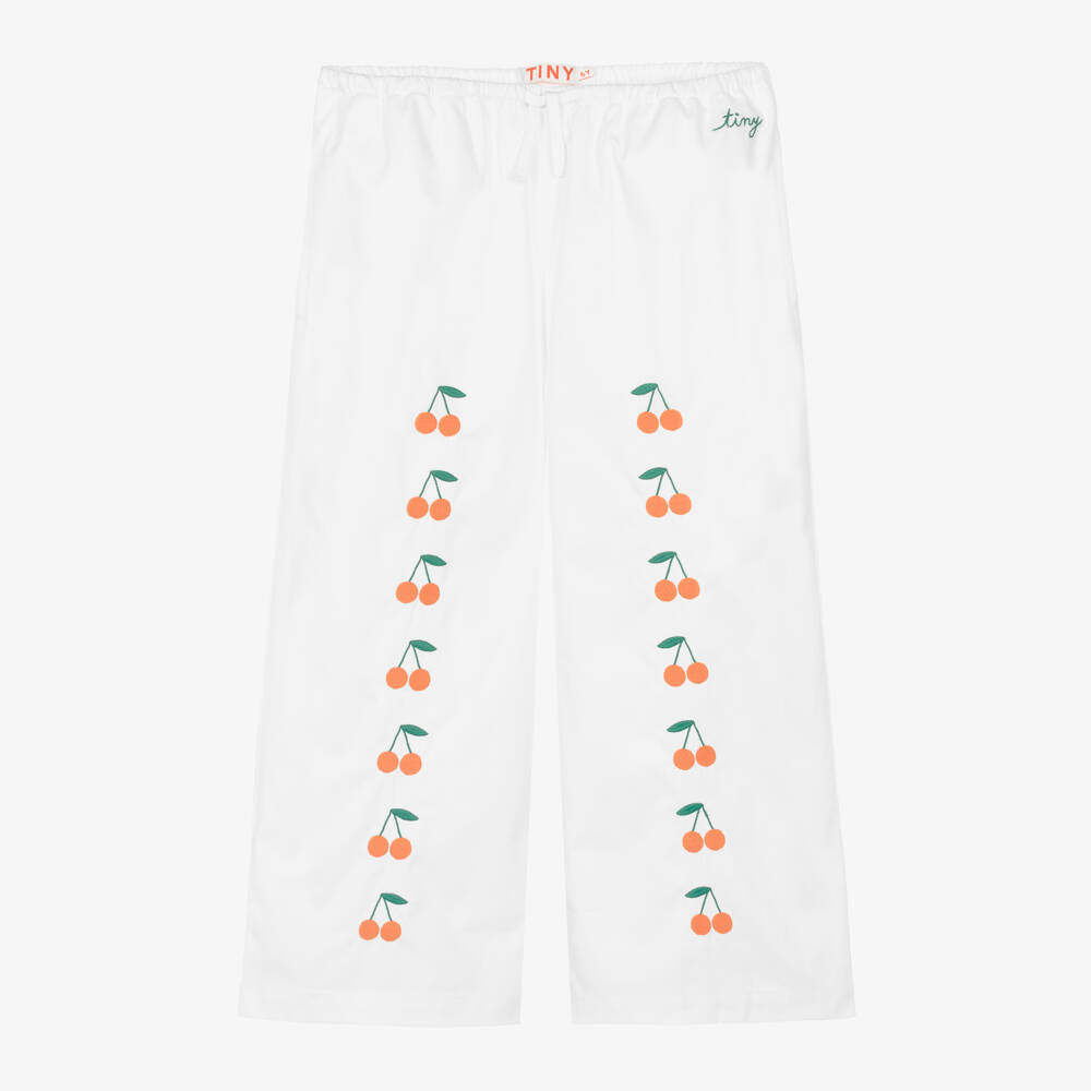 Tinycottons-Girls Off-White Cotton Trousers with Embroidered Cherries | Childrensalon