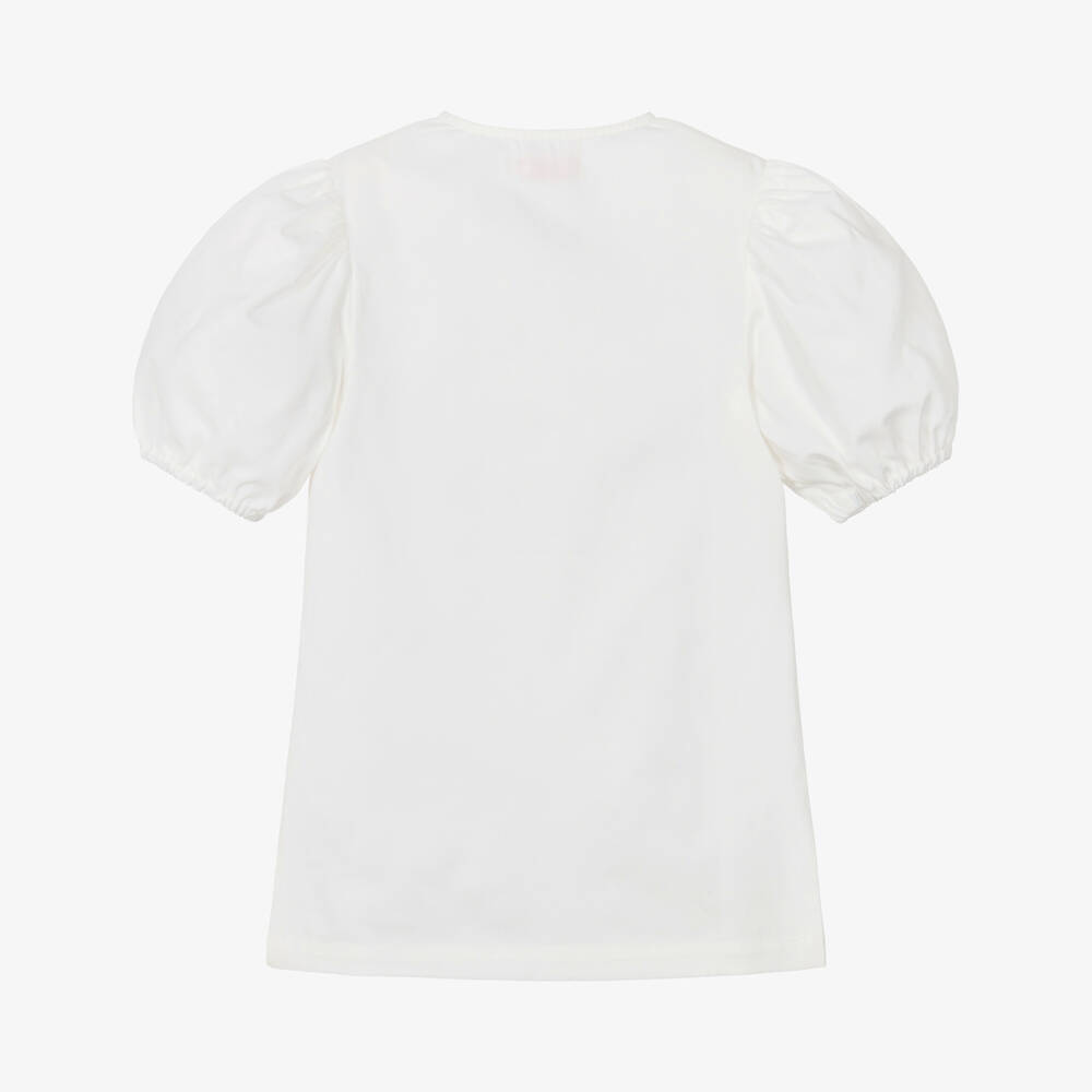 Tinycottons-Girls Off-White Puff Sleeve Dress with Blue Floral Print | Childrensalon