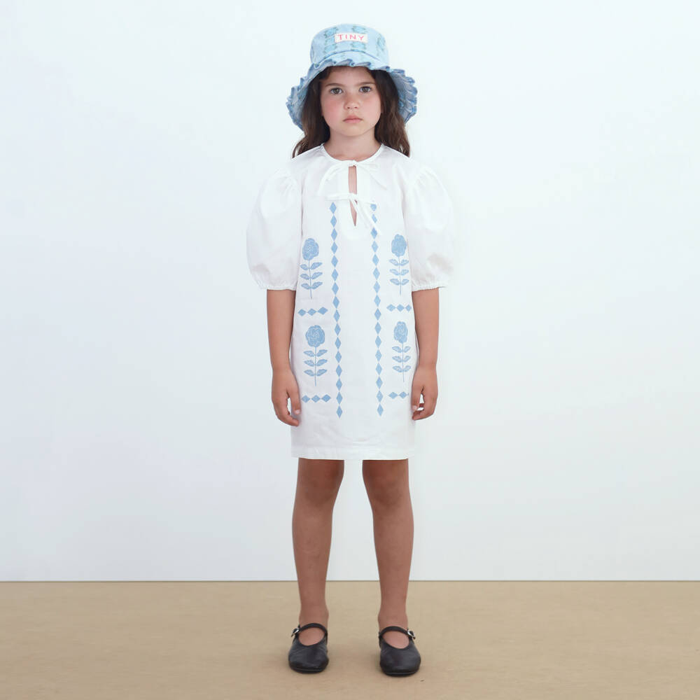 Tinycottons-Girls Off-White Puff Sleeve Dress with Blue Floral Print | Childrensalon