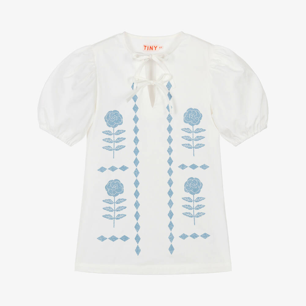 Tinycottons-Girls Off-White Puff Sleeve Dress with Blue Floral Print | Childrensalon