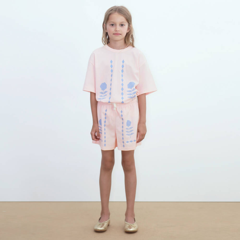 Tinycottons-Girls Pastel Pink Cotton Shorts with Blue Floral Print | Childrensalon