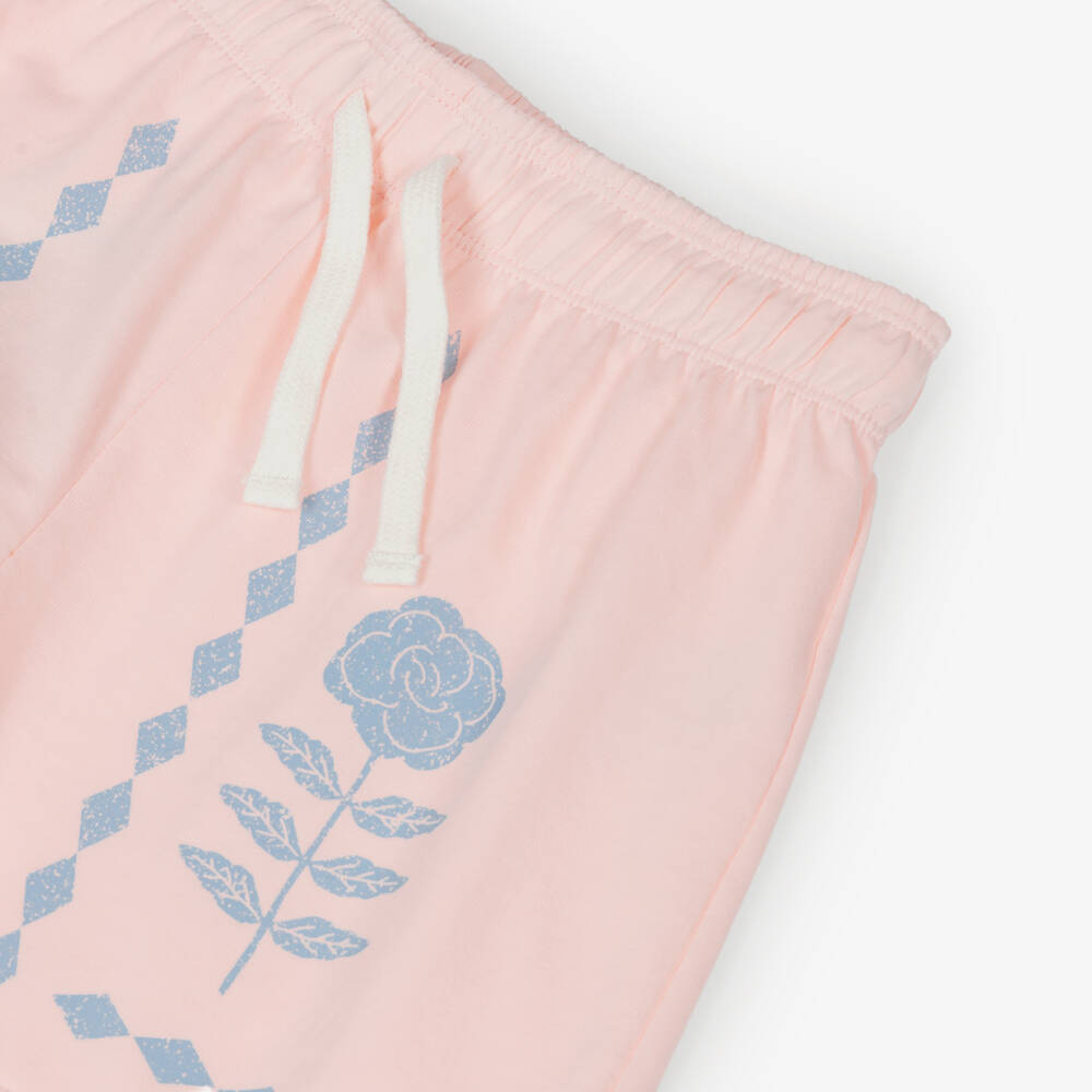 Tinycottons-Girls Pastel Pink Cotton Shorts with Blue Floral Print | Childrensalon