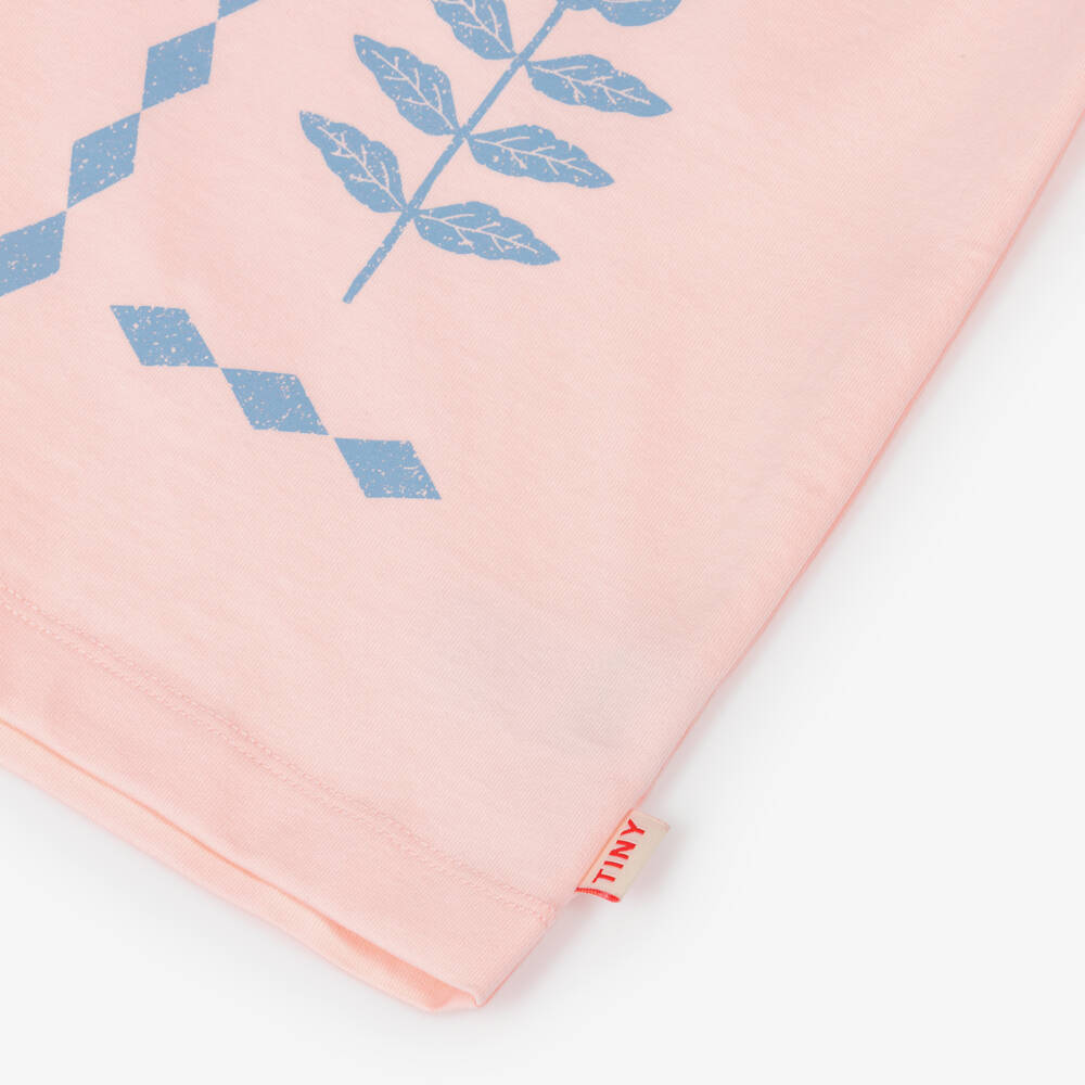 Tinycottons-Girls Pastel Pink Cotton T-Shirt with Blue Floral Print | Childrensalon