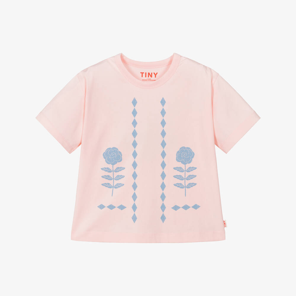 Tinycottons-Girls Pastel Pink Cotton T-Shirt with Blue Floral Print | Childrensalon