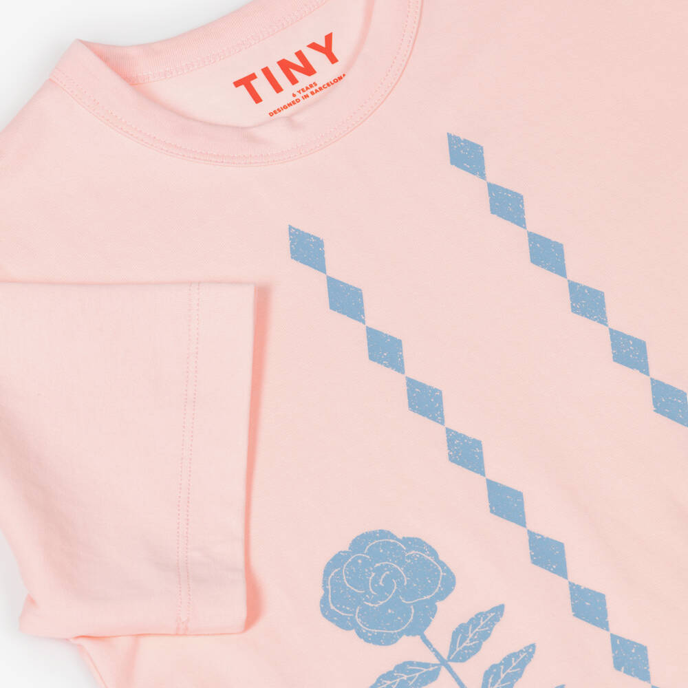 Tinycottons-Girls Pastel Pink Cotton T-Shirt with Blue Floral Print | Childrensalon