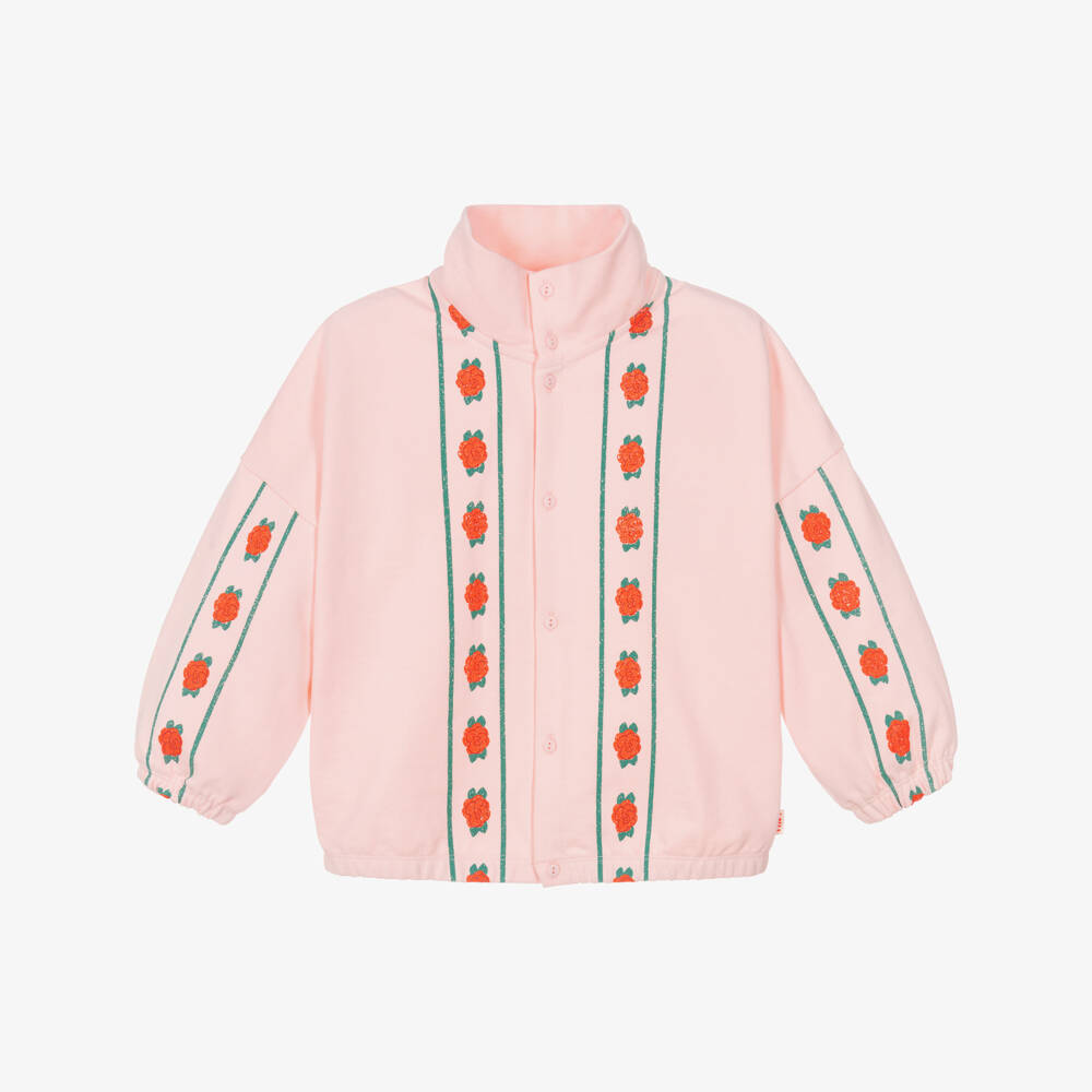 Tinycottons-Girls Pink Cotton Jersey Rose Print Cardigan | Childrensalon