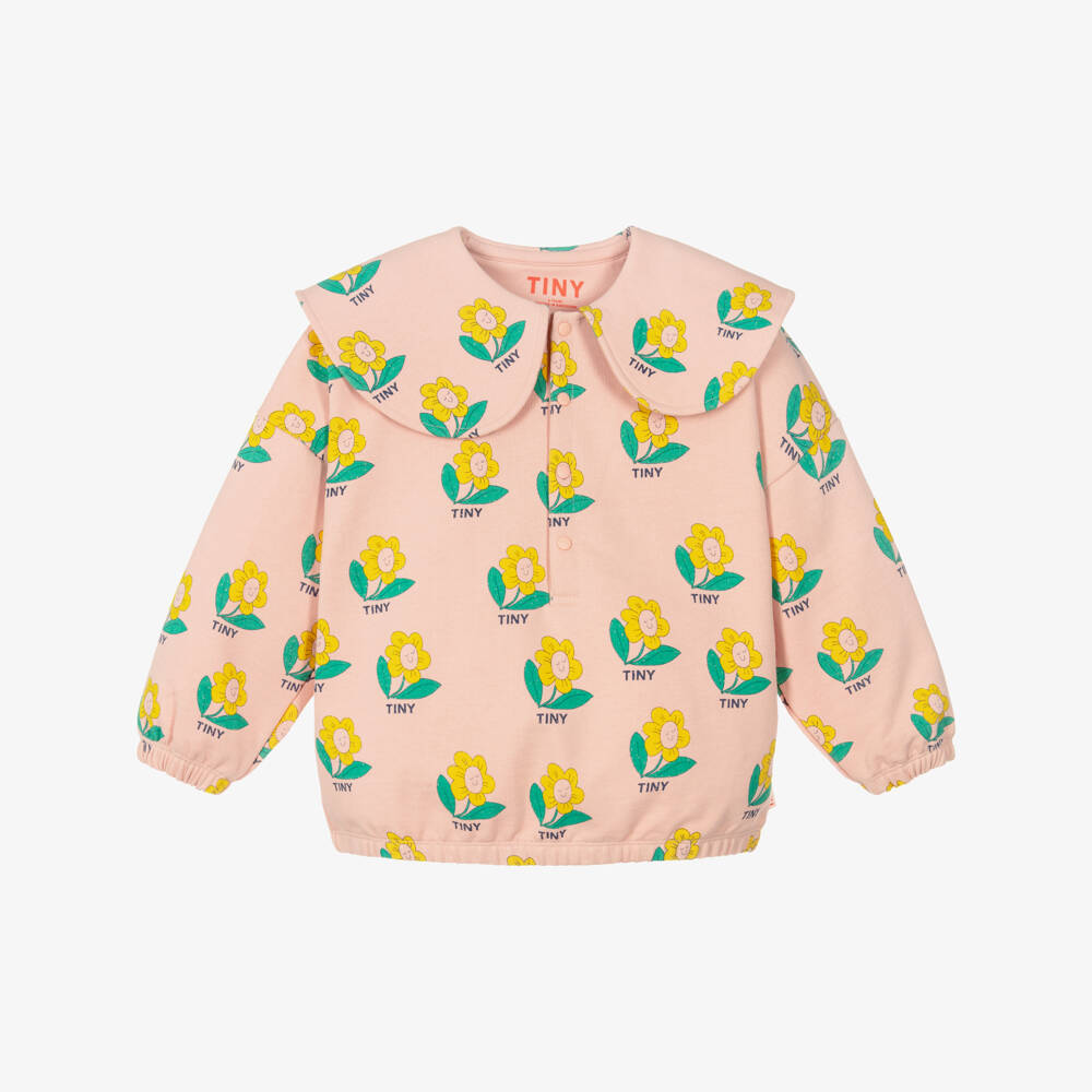 Tinycottons-Girls Pink Happy Flower Cotton Sweatshirt with Collar | Childrensalon