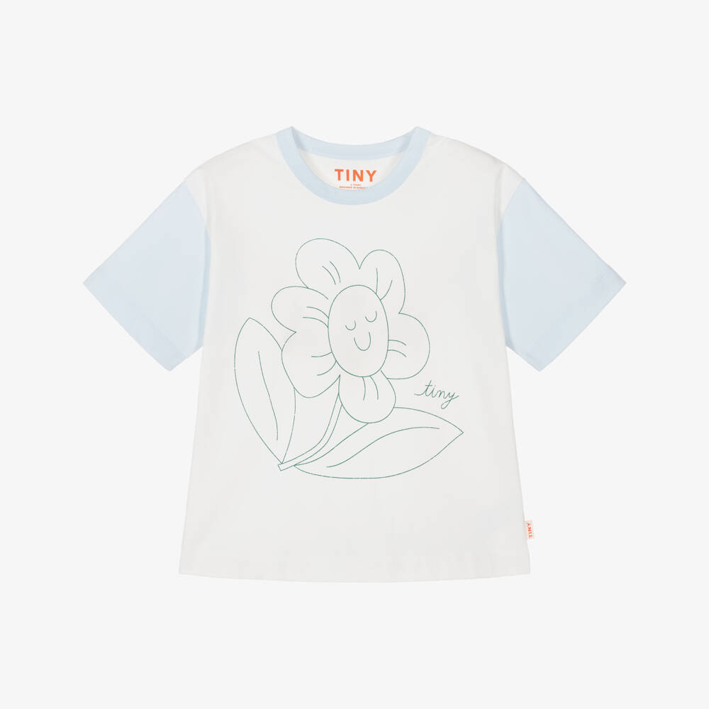 Tinycottons-Girls White & Blue Cotton T-Shirt with Flower Print | Childrensalon