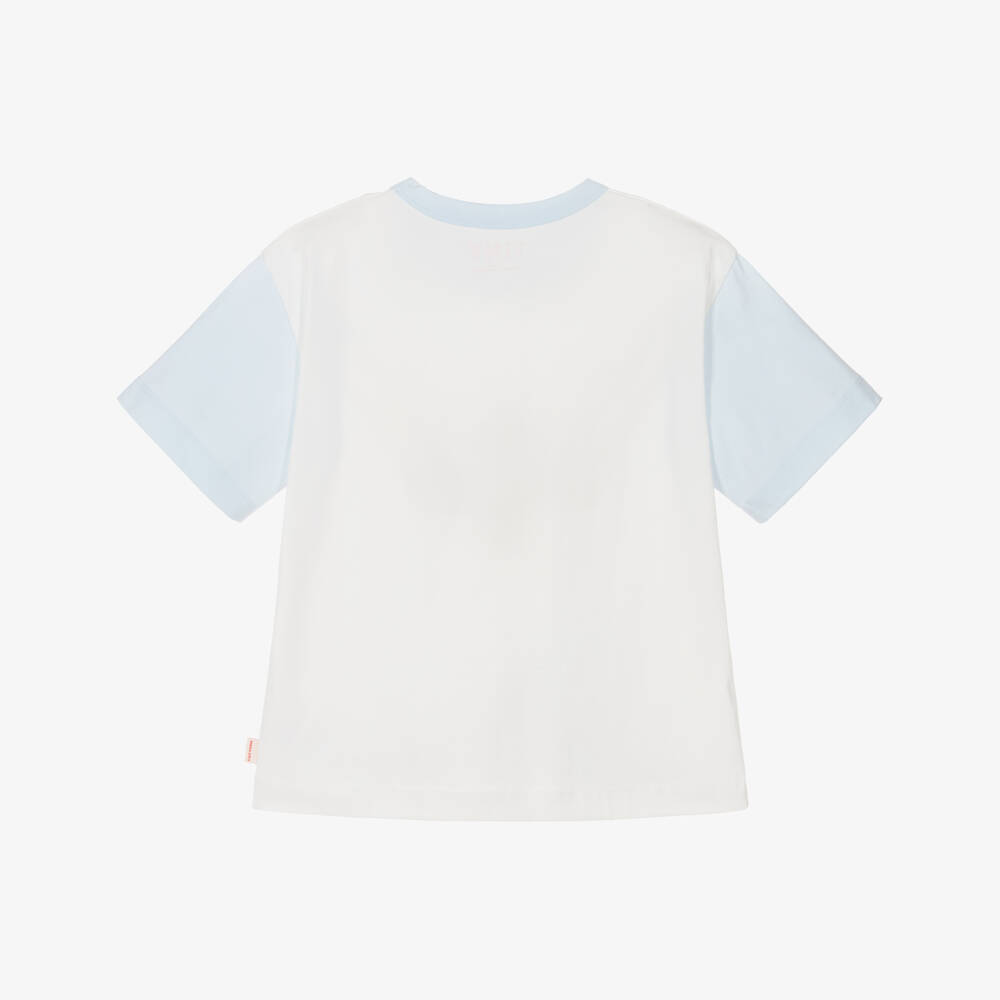 Tinycottons-Girls White & Blue Cotton T-Shirt with Flower Print | Childrensalon