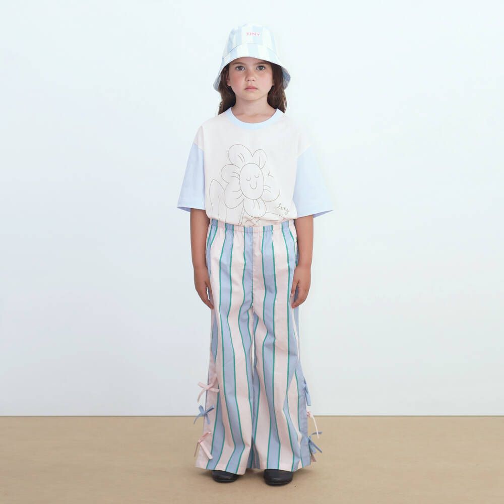 Tinycottons-Girls White & Blue Cotton T-Shirt with Flower Print | Childrensalon