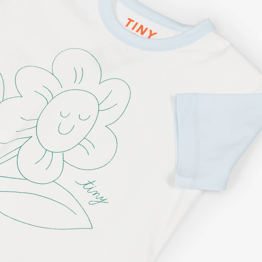 Tinycottons-Girls White & Blue Cotton T-Shirt with Flower Print | Childrensalon