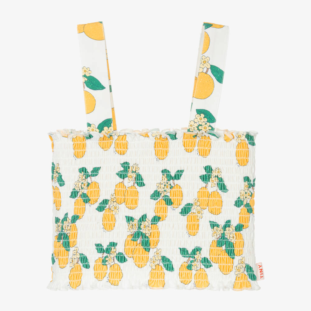 Tinycottons-Girls White Cotton Jersey Orange Print Shirred Top | Childrensalon