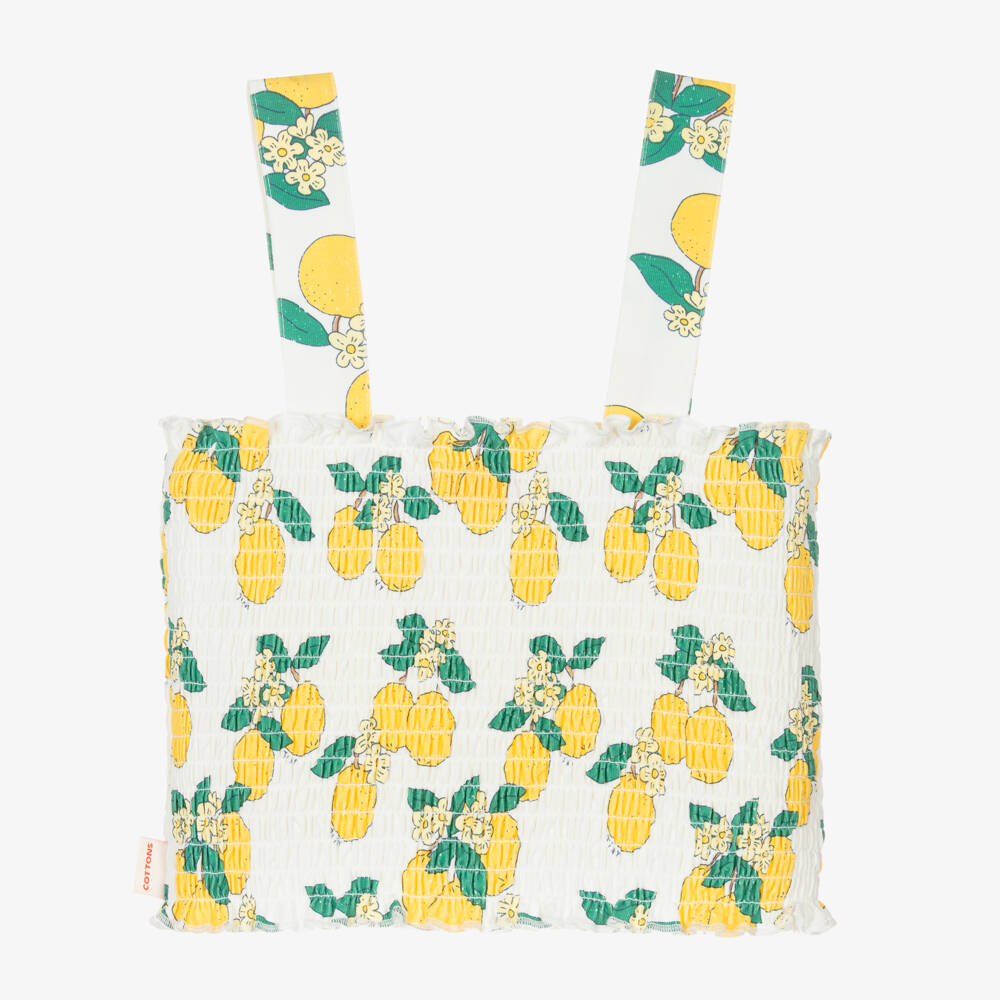 Tinycottons-Girls White Cotton Jersey Orange Print Shirred Top | Childrensalon