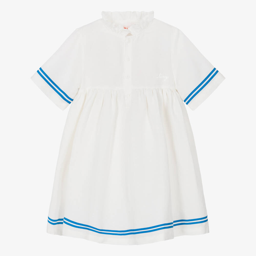 Tinycottons-Girls White Cotton & Linen Dress with Blue Stripe Trim | Childrensalon