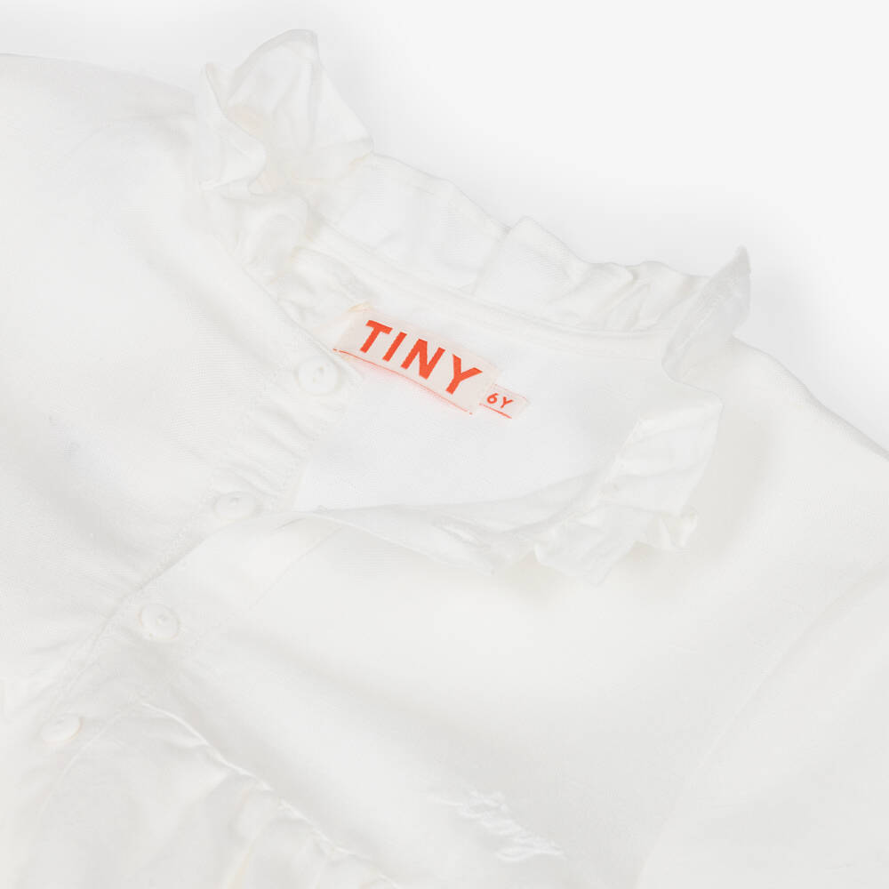 Tinycottons-Girls White Cotton & Linen Dress with Blue Stripe Trim | Childrensalon