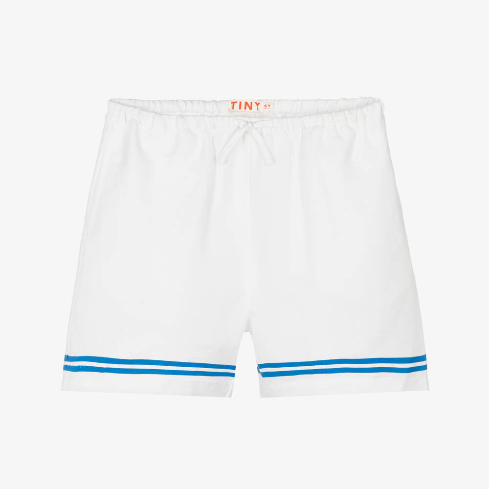 Tinycottons-Girls White Cotton & Linen Shorts with Blue Stripe Trim | Childrensalon