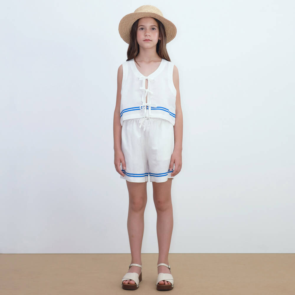 Tinycottons-Girls White Cotton & Linen Tie Front Top | Childrensalon
