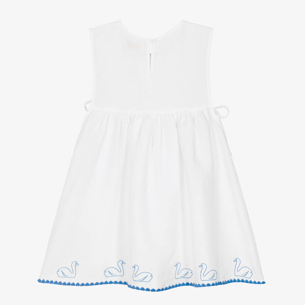 Tinycottons-Girls White Cotton & Linen with Embroidered Swan Hem | Childrensalon