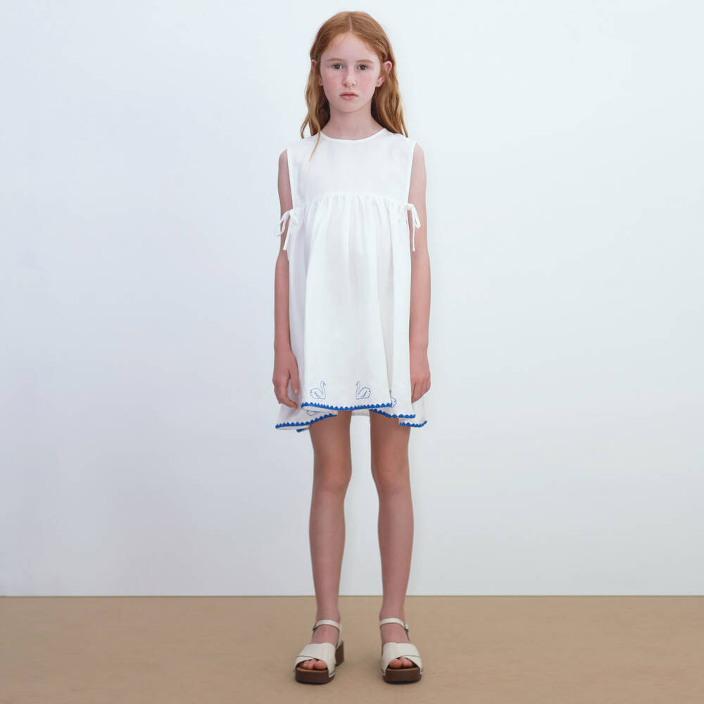 Tinycottons-Girls White Cotton & Linen with Embroidered Swan Hem | Childrensalon