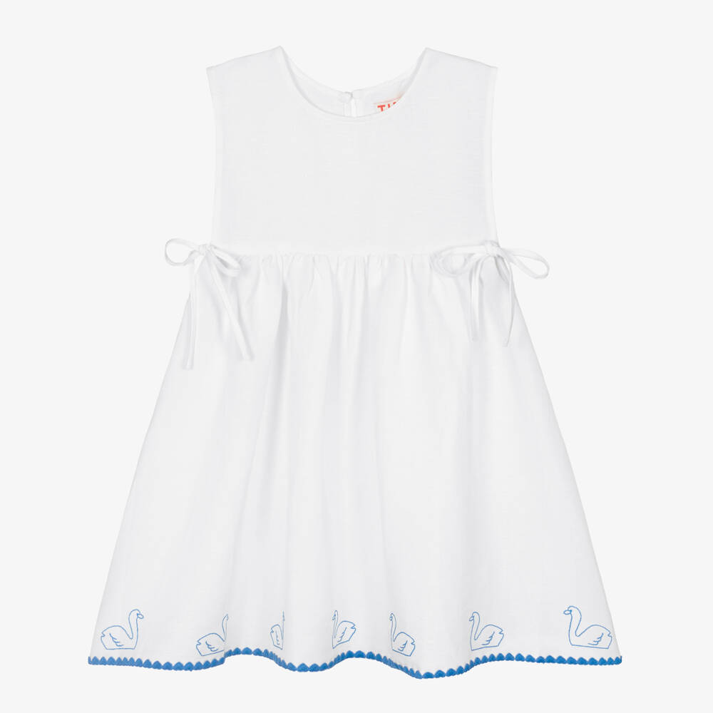 Tinycottons-Girls White Cotton & Linen with Embroidered Swan Hem | Childrensalon