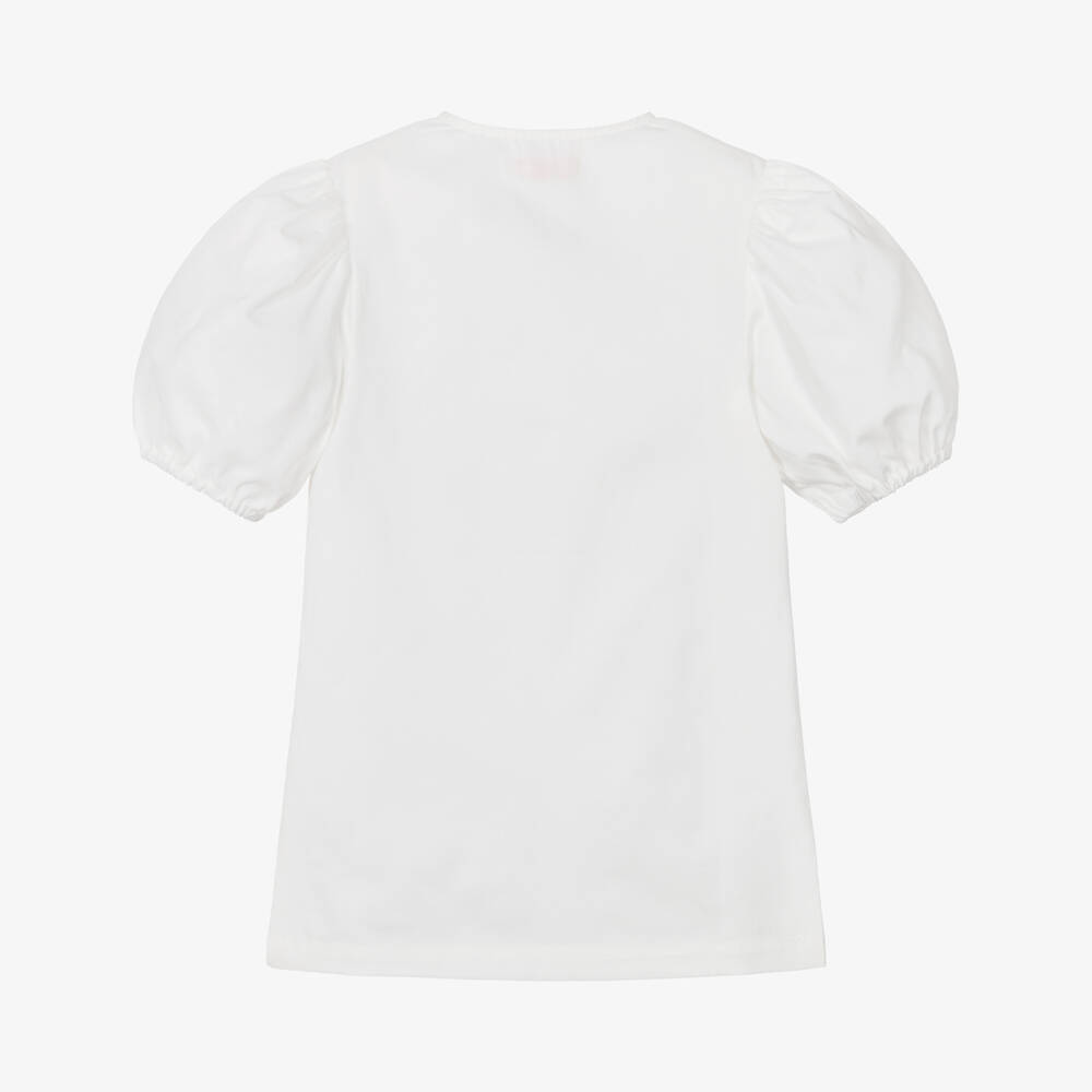 Tinycottons-Girls White Cotton Puff Sleeve Dress with Blue Floral Print | Childrensalon