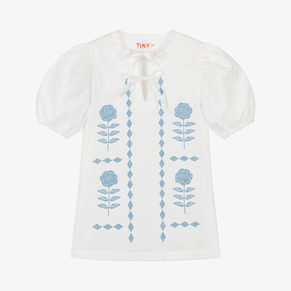 Tinycottons-Girls White Cotton Puff Sleeve Dress with Blue Floral Print | Childrensalon
