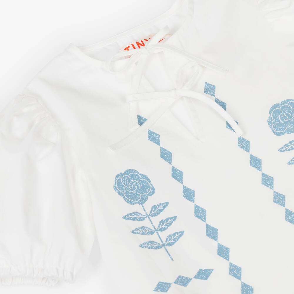 Tinycottons-Girls White Cotton Puff Sleeve Dress with Blue Floral Print | Childrensalon