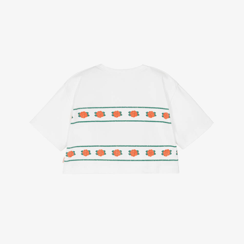 Tinycottons-Girls White Cotton Rose Print Boxy T-Shirt | Childrensalon