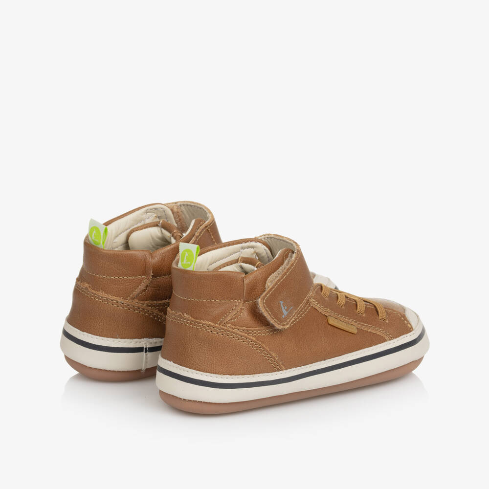Tip Toey Joey-Baby Boys Brown Leather High-Top Trainers | Childrensalon