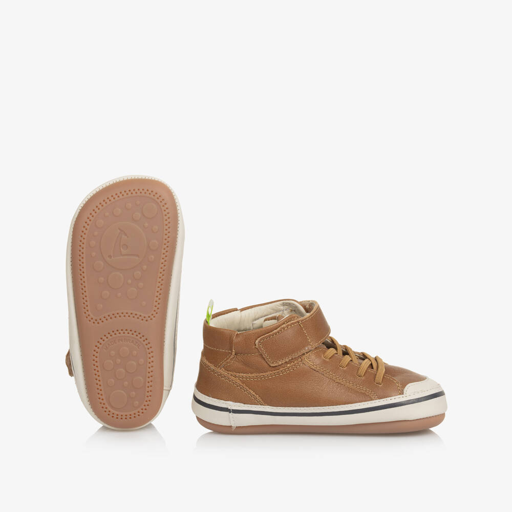 Tip Toey Joey-Baby Boys Brown Leather High-Top Trainers | Childrensalon