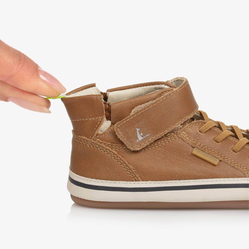 Tip Toey Joey-Baby Boys Brown Leather High-Top Trainers | Childrensalon